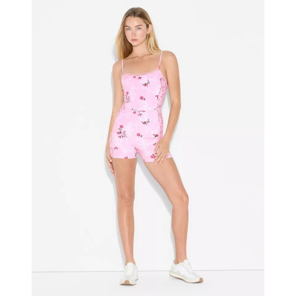 Butter Bliss Lace Trim Romper Light Pink Floral Womens XS Sleeveless Bodysuit‎